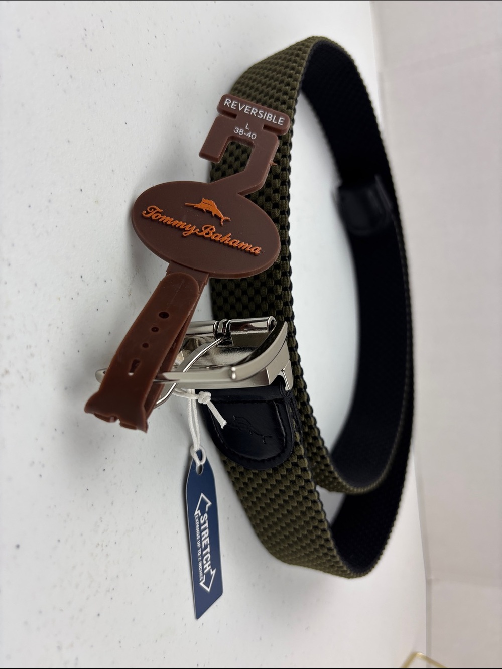 Tommy Bahama Olive Green Woven Reversible Stretch Belt with Silver Buckle